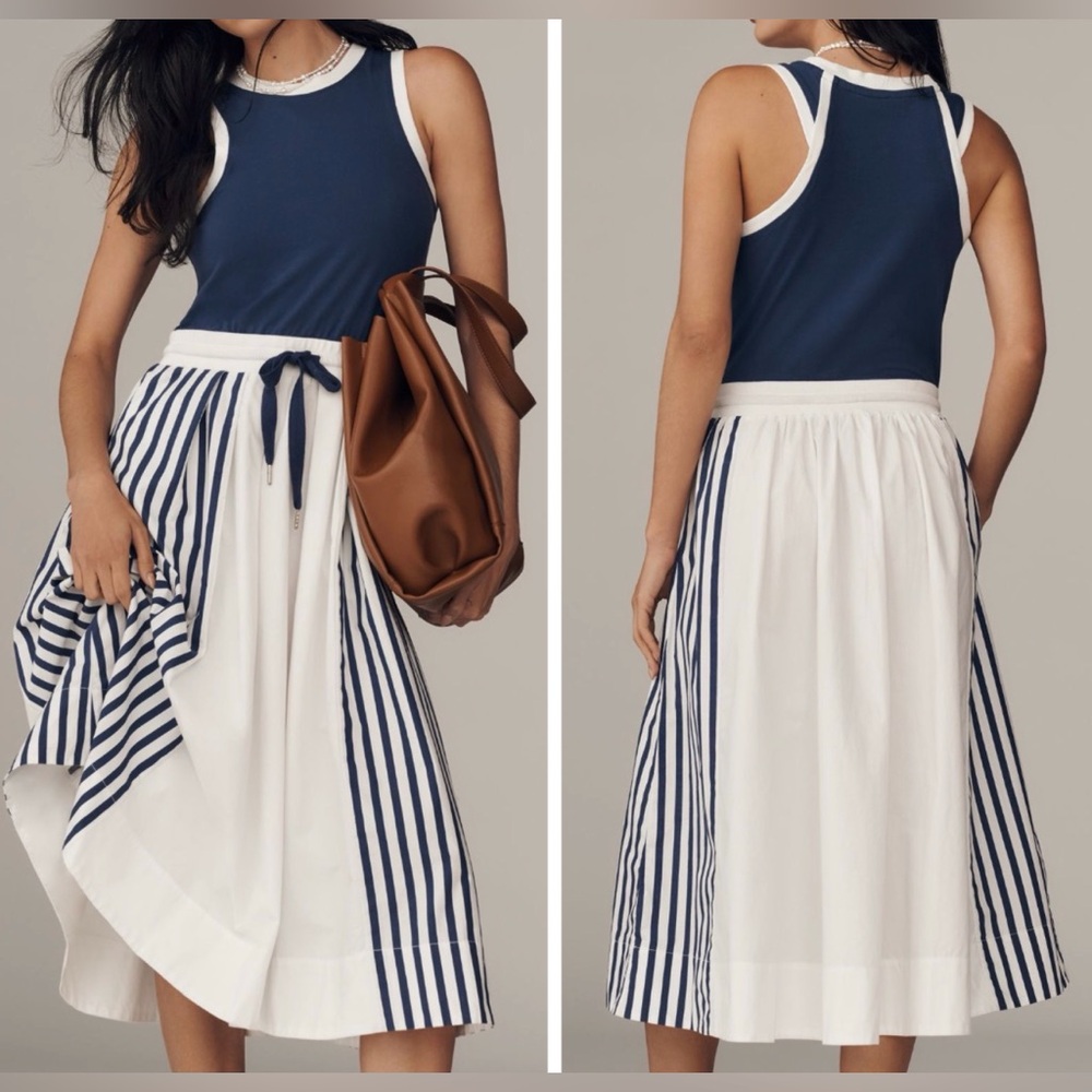 Anthropologie Navy and White Striped Midi Dress